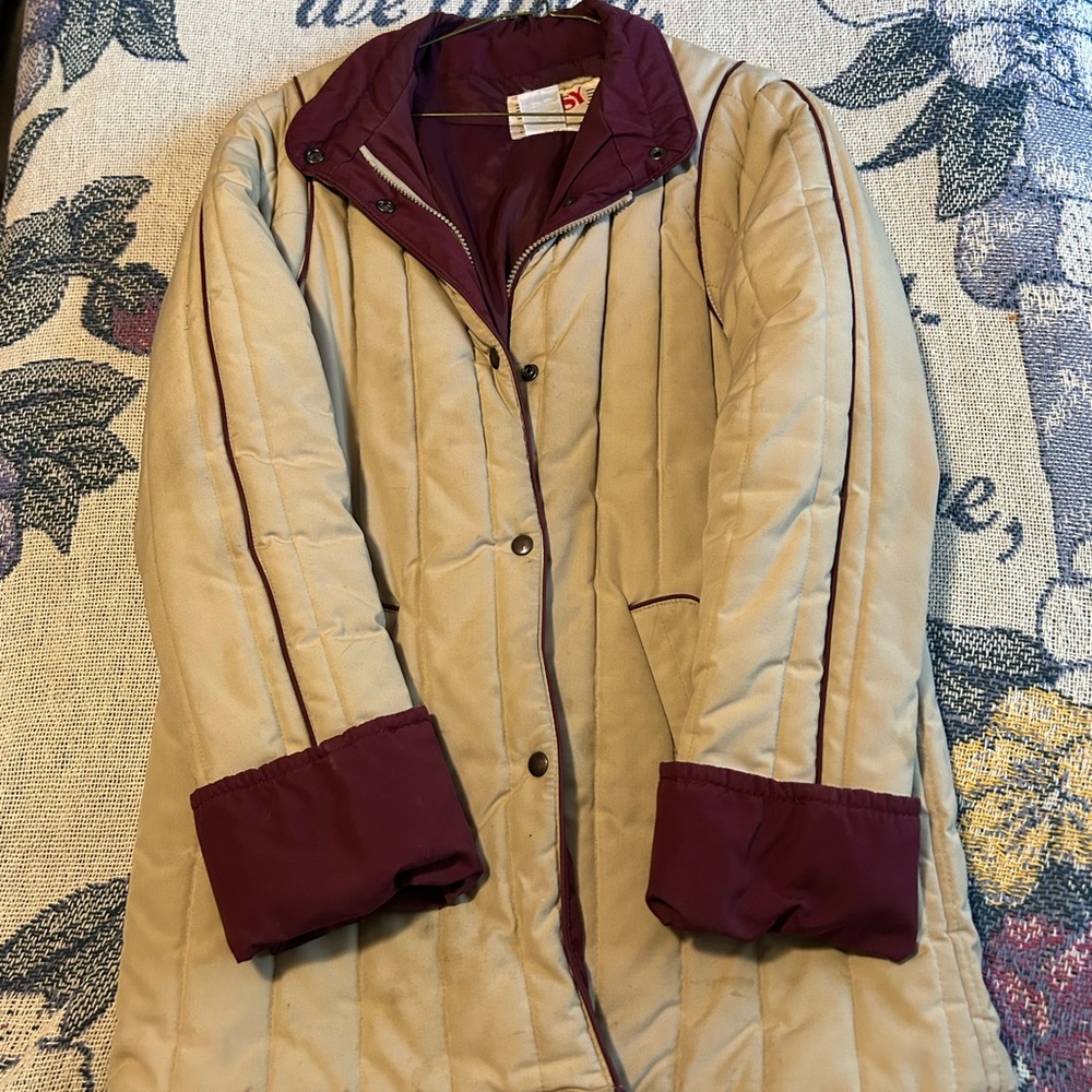 Women's Beige and Burgundy Quilted Coat